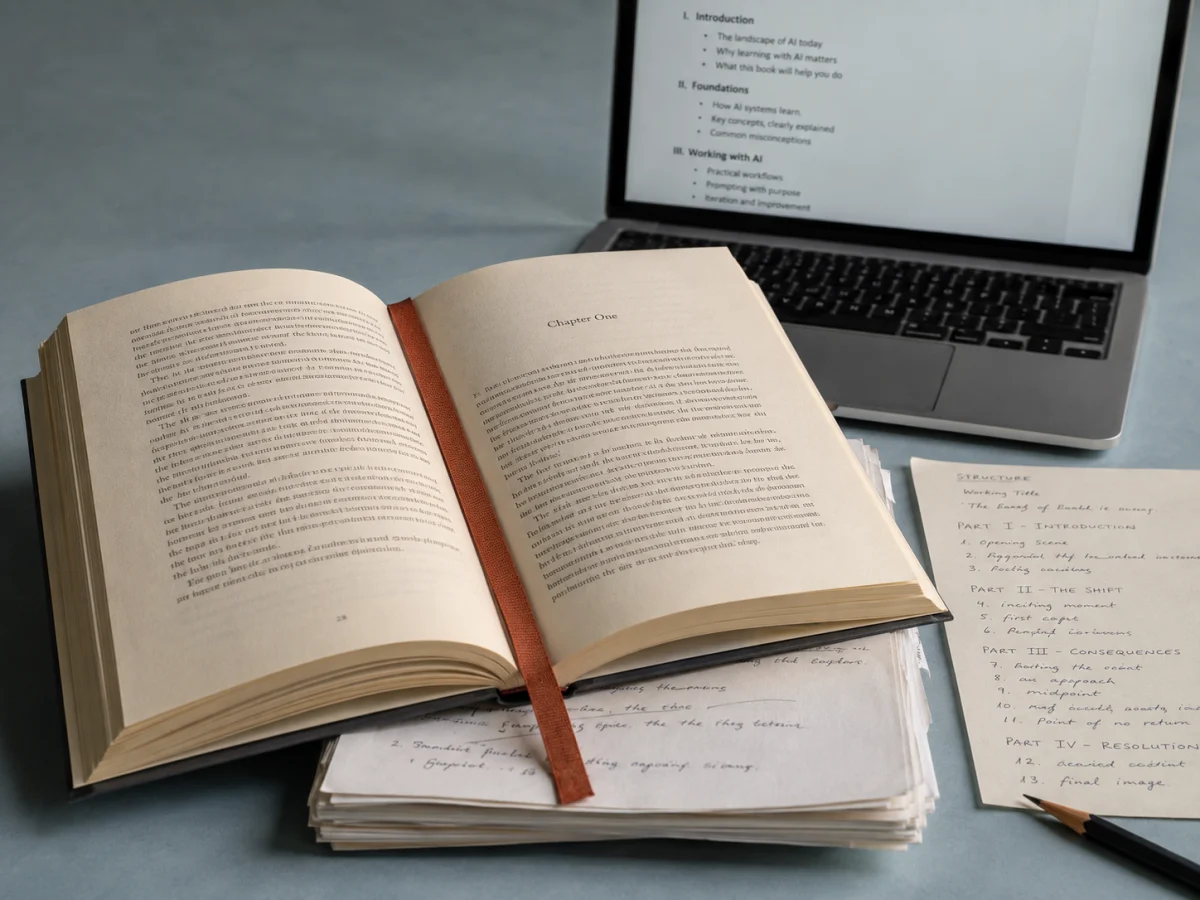 Illustrative still life of an open book, draft pages and a writing document on a laptop